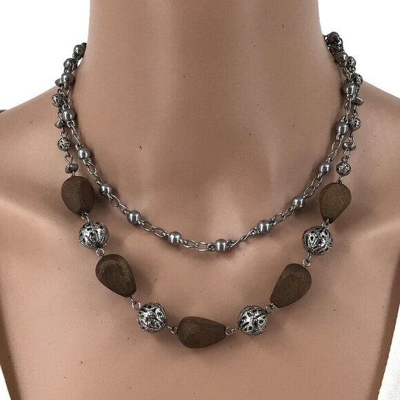 IONA Jewelry Double Strand Necklace Silver Tone Brown Wood Beads Adjustable Leng - Picture 1 of 2